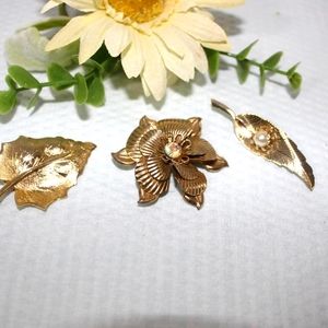 3 Vintage Leaf Brooches Scarf Collar Pins Beautiful